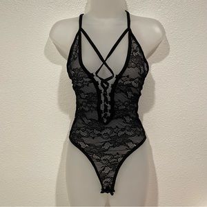 black lace mesh lace tie up lingerie sexy bodysuit
